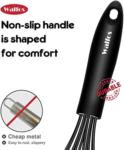 Walfos Silicone Flat Whisk,11inch Flat Whisk Non Scratch Coated Flat Whisks for Cooking.Great for Ceramic Coated pans and Wider shallower pots.Black 6