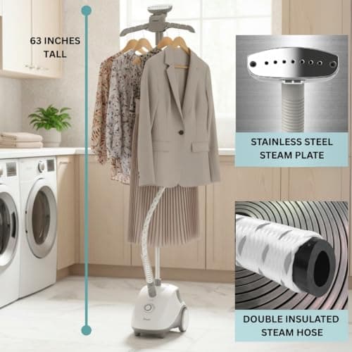 SALAV® Standing Steamer for Clothes, 1500W Powerful Garment Steamer with Roll Wheels, 4 Steam Settings, High Efficiency Stainless Steel Plate, with Limescale Remover Descaler Packets 9