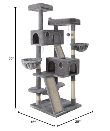 MUTICOR 66 Inches Multi-Level Large Cat Tree Tower for Indoor Big Feline/Cozy Plush Perches/Condo/Sisal Scratching Posts/Hammock and Baskets/Activity Center Play House/Wide Base/Grey 10