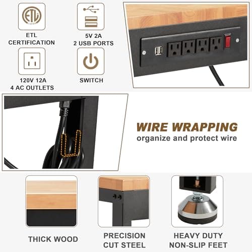 HABUTWAY Height Adjustable Workbench 48"x 24" 2000 Lbs Capacity Solid Wood Work Station Heavy-Duty Work Tables with Power Outlets for Garage Party Shop Office 6