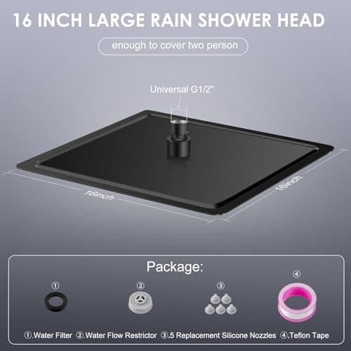 KINLIV 16 inch Matte Black Large Rain Shower Head - All Metal 304 Stainless Steel, Full Body Rainfall Shower with 324 Silicone Nozzles - Waterfall Bathroom Square Showerheads, Ceiling Mounted 6