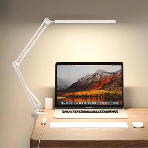 Upgrade Swing Arm LED Desk Lamp with Clamp, 80 LED Beads, 5 Color Modes & 11 Brightness Levels, 360° Adjustable Arm, Eye-Caring Light CRI95, Timer & Memory Function, for Office, Study, Crafting
