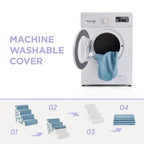 Lesure Dog Stairs for Small Dogs 18" H 4-Step Foam Pet Steps Foldable for High Bed Couch and Sofa Chairs Jacquard Shaggy Plush for Cats with Supporting Board and Non-Slip Bottom, Light Blue 7