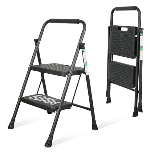 Step Ladder, Portable Steel Folding Step Stool with Wide Anti-Slip Pedal & Convenient Handgrip, 500lbs Sturdy Steel Ladder, 2-Step, Black