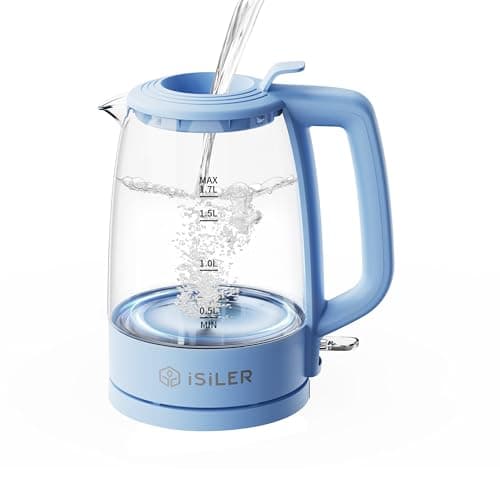 iSiLER 1500W Electric Kettle, 1.7 L Electric Tea Kettle, Cordless Glass Hot Water Boiler, Portable Teapot Heater, Quick-Fill Lid & Auto Shut-Off & Boil-Dry Protection BPA-Free (Blue)