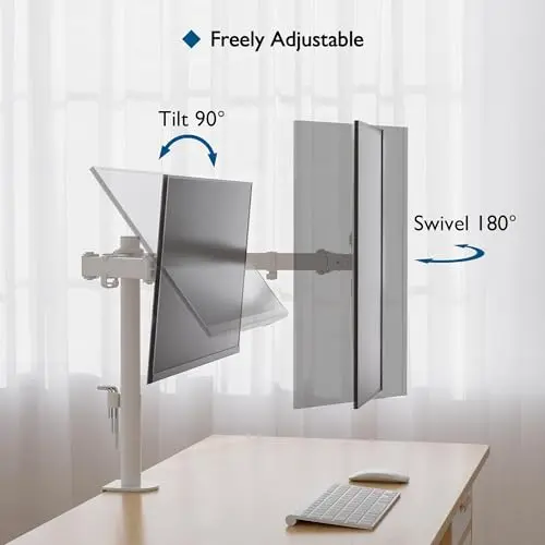 BONTEC Dual Monitor Desk Mount, Full Motion Adjustable White Monitor Stand for 13–27 Inch Screens, Heavy Duty Arms Hold 22 lbs Each, VESA 75x75/100x100, C Clamp and Grommet Base, Cable Management 4
