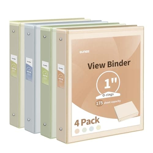 SUNEE 3 Ring Binder 1 Inch 4 Pack, Clear View Binder Three Ring PVC-Free (Fit 8.5x11 Inches) for School Binder or Office Binder Supplies, Assorted Pastel Binder