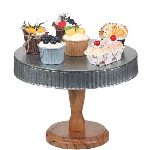 We Moment Galvanized Cake Stand, 12 Inch Round Metal Wooden Cake Stand for Wedding Birthday Baby Shower Party Dessert Table Decorations