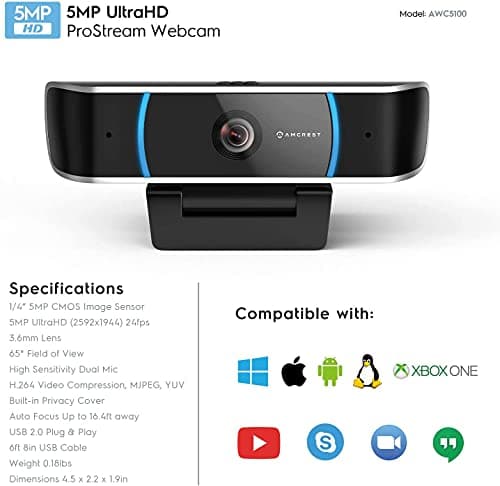 Amcrest 5-Megapixel Webcam with Microphone, Web Cam USB Camera, Computer HD Streaming Webcam for PC Desktop & Laptop w/Mic, Wide Angle Lens & Large Sensor for Superior Low Light (AWC5100) 6
