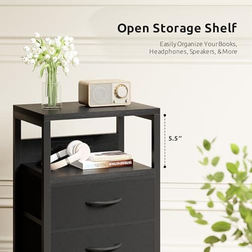 Lazzanto NightStand Bedside Charging Table Bedroom - Night Stand with Charger Station, Modern Nightstand with Open Shelf & 2 Fabric Drawers, Bed Side Table with USB-C Port for Dorm, Black 6