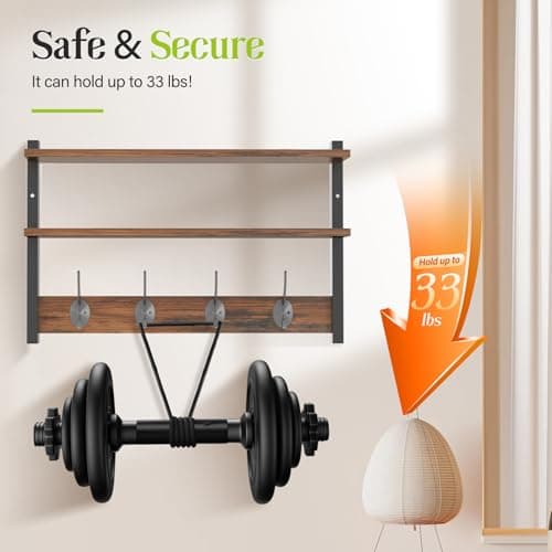 Orapoke Two-Tier Wall Shelf with Hooks, 17" Coat Rack Wall Mount with Shelf, Key Hooks for Wall with Heavy Duty Double Hooks, Coat Hook Wall Mounted for Bedroom, Living Room, Rustic Brown 5