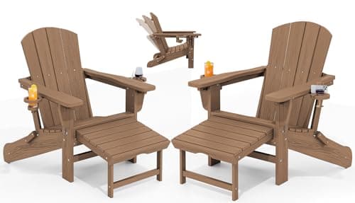 KINGYES Folding Adjustable Adirondack Chair with Ottoman & 2 Cup Holders Set of 2, HDPE Adirondack Recliner Chair with Footrest, Brown