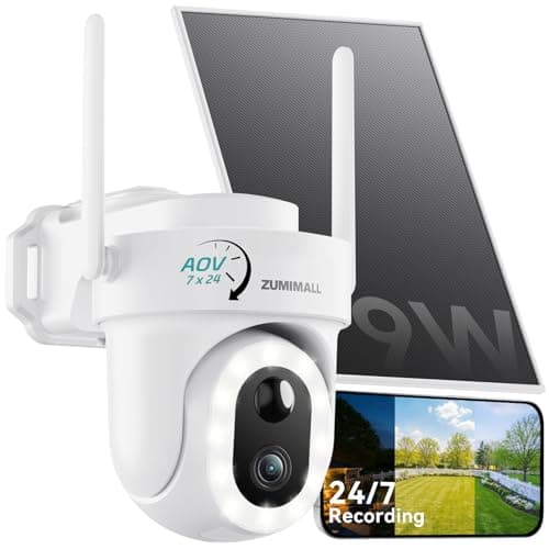 ZUMIMALL 24/7 Recording Solar Security Cameras Wireless Outdoor, 9W Solar Panel, AOV Cameras for Home Security, 360° Auto Tracking, 2K Color Night Vision, 2.4GHz WiFi, 512G Local Storage(Not Include)