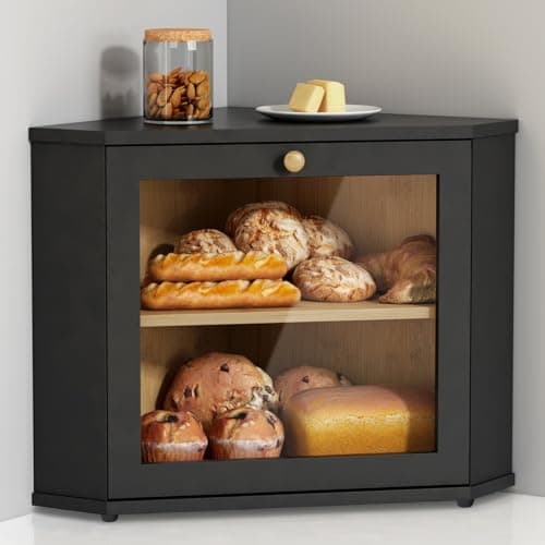 Goozii Corner Bread Box for Kitchen Countertop, Black Bread Storage Container for Homemade Bread, Two Layer Breadbox under Cabinet Mount, Large Bread Holder for Kitchen Counter, Pantry Shelf