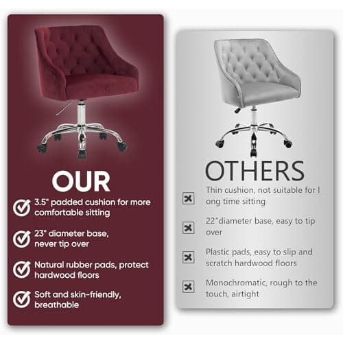 MOJAY Velvet Office Swivel Chair, Vanity Fabric Desk Pretty Fancy Gold Office Chairs for Girls, 360°Swivel Height Adjustable Reception Chair (Burgundy) 7