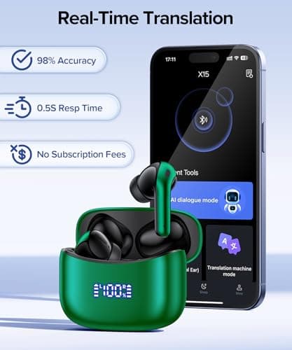 AI Translation Earbuds Real Time Translator Wireless Earbuds Headphones for Traveling Abroad Learning Languages Attending Meetings Managing Global Business Digital Display Charging Case Green 6
