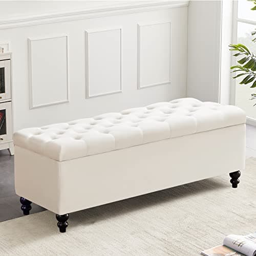 Storage Ottoman 50.2 Inches Upholstered Fabric Storage Ottoman Bench，Button Tufted Ottoman with Storage for Living Room，Bedroom End of Bed Bench Withstands 304lbs (Ivory)