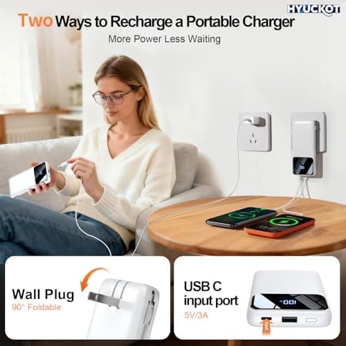 Portable Charger Power Bank with Built-in Cables and Wall Plug, 10000mAh Slim USB-C Battery Pack, 15W Fast Charging Travel Essential Portable Phone Charger Compatible with iPhone, Samsung (White) 6