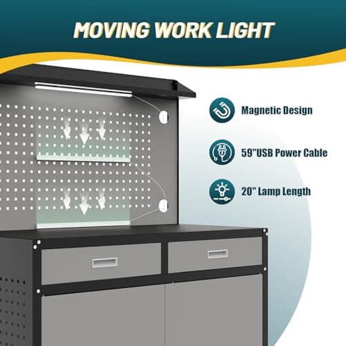 65" Heavy Duty Workbench with Drawers and Lockable Storage Cabinet- 2500 LBS Capacity Work Bench with Pegboard,Work Table with Adjustable LED Light for Garage,Workshop and Repair Shop 6
