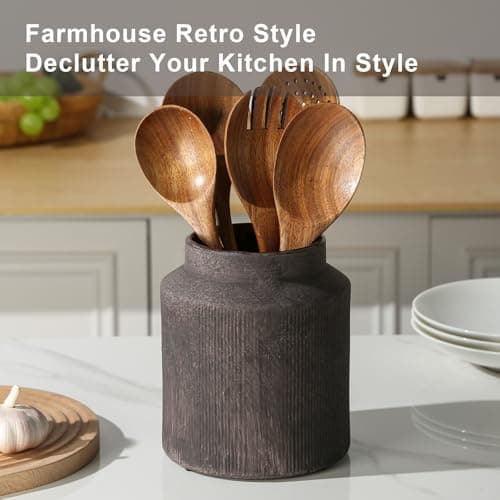 ATLZBLTCI Farmhouse Ceramic Farmhouse Kitchen Utensil Holder for Countertop, Rustic Cooking Utensil Holder Crock Fit for Kitchen Counter. 6.1 x 6.1 x 7 IN 6
