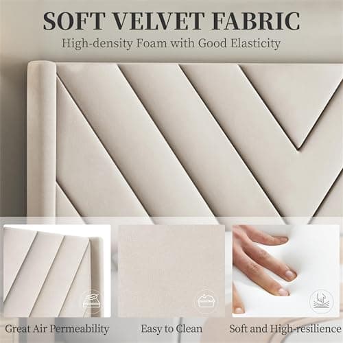 Yaheetech Queen Bed Frame Upholstered Platform Bed with Wing Side/Wooden Slat Support/Tufted Headboard with Wing Side/Mattress Foundation/No Box Spring Needed,Beige Queen Bed 5