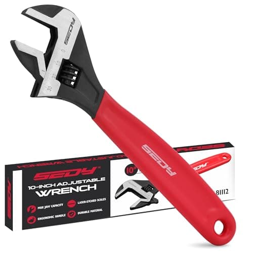 SEDY 10" Adjustable Wrench Pipe Spanner: Wide Jaw Black Oxide Wrench With Cushion Grip, Laser Marked Metric & SAE Scales, CR-V Steel, for Professionals