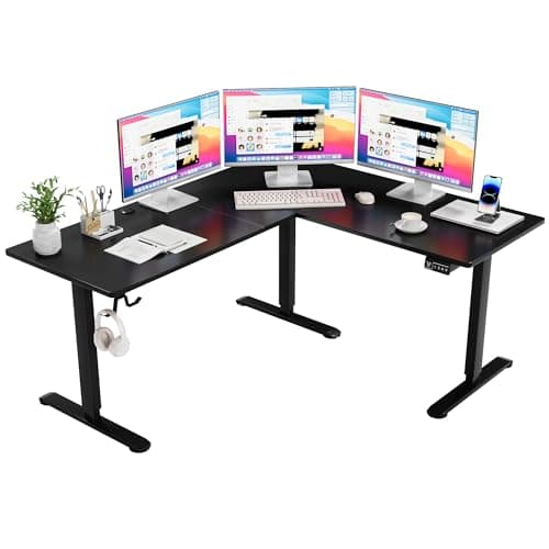Furmax 63 x 55 Inch L Shaped Standing Desk with 2 Preset Heights, Electric Height Adjustable Computer Table, 2 Hooks & Feet Balance, Corner Sit Stand Desk for Home Office (Black)