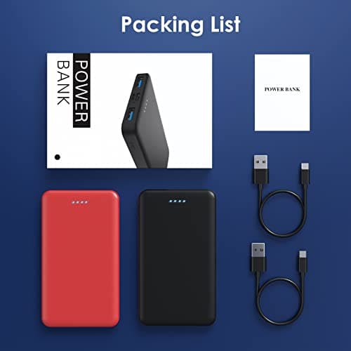 [2 Pack] Portable Charger Power Bank 10000mAh,Ultra Slim Compact External Battery Pack with USB C Input & Dual USB Outputs Backup Charger Compatible with iPhone 13,12, Samsung S20,Tablet-Black+Red 7