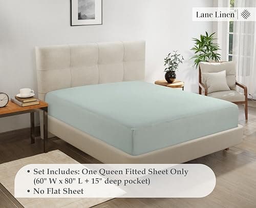 Lane Linen Queen Fitted Sheet Only - 4 Way Stretch Knitted Deep Pocket Queen Bottom Sheet - Fits Upto 16" Mattress (No Flat Sheet), Wrinkle Free, Soft Microfiber Fitted Sheet Queen - Mineral 7