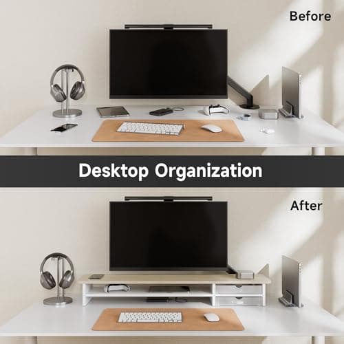 Fenge Monitor Stand, Dual Monitor Riser, 42.5inch Large Desk Computer Monitor Stand Riser with Drawer, 2 Tier Wood & Acrylic Desktop Organizer for Computer, Laptop, Printer, TV Screen Riser 6