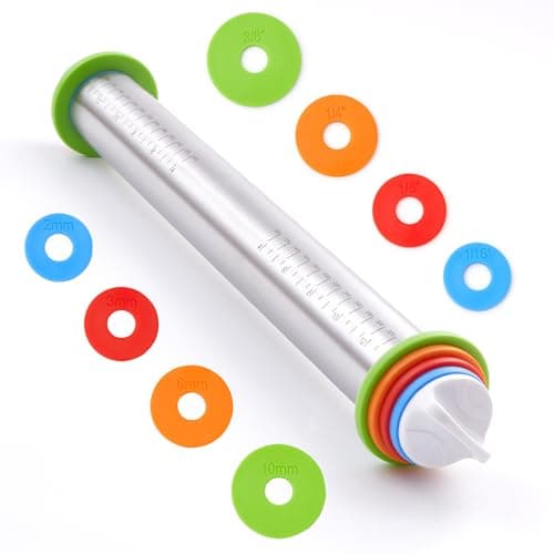 Rolling Pin with Thickness Rings, Fulimax 17" Adjustable Stainless Steel Rolling Pins for Baking, Dough Roller for Fondant Pizza, Pie, Pasta, Cookies, Cakes, Kitchen Baking Supplies