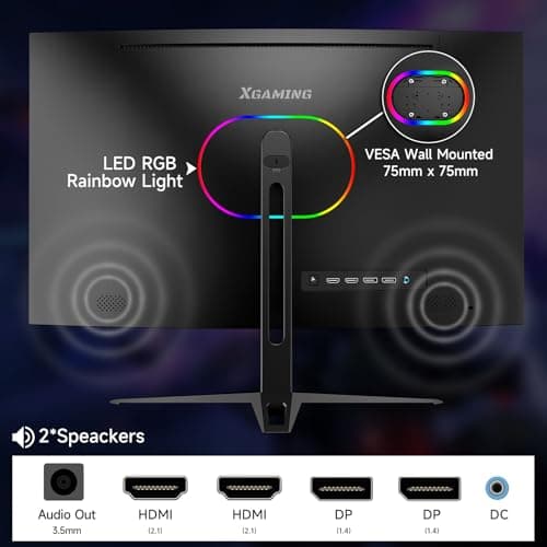 XGaming 27 Inch Curved Gaming Monitor, QHD 2560 x 1440p, 144Hz/165Hz, 16:9 Wide HDR Display, 99% sRGB, FreeSync, 1ms, Built-in Speaker, 2* HDMI & DisplayPort, Tilt Adjustable, Black 7