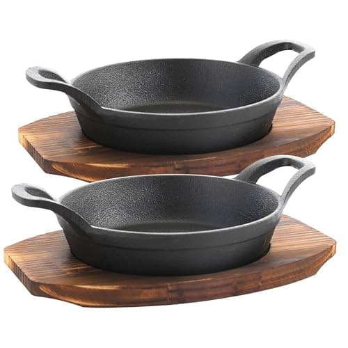 Bruntmor Mini Cast Iron Sizzler Plates Skillet Set Of 4. Round Fajita Plate With Wooden Base/Pan Tray Serving Sizzling Dish And Fajitas, Hot Steak Skillet Dish Without Sinking (2 Sets)