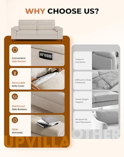 Upvilla 88.97" Modern Couches for Living Room, Deep Seat Sofa with 8”Cushion, Comfy 2-Seater Chenille Loveseat Sofa with Convertible Armrest, Removable Sofa Cover, High Leg (Beige) 6