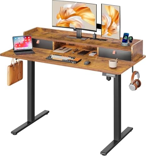 DEVAISE 48×24 Inch Electric Standing Desk with Drawers, Computer Desk with 3 Adjustable Height, Storage Shelf, Built-in 2 AC + 2 USB Outlets and Memory Preset, Sit to Stand Desk for Home Office, White