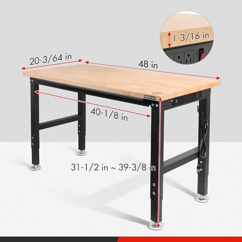 WORKPRO 48" Adjustable Workbench, Rubber Wood Top Heavy-Duty Workstation, 2000 LBS Load Capacity Hardwood Worktable with Power Outlets, for Workshop, Garage 5