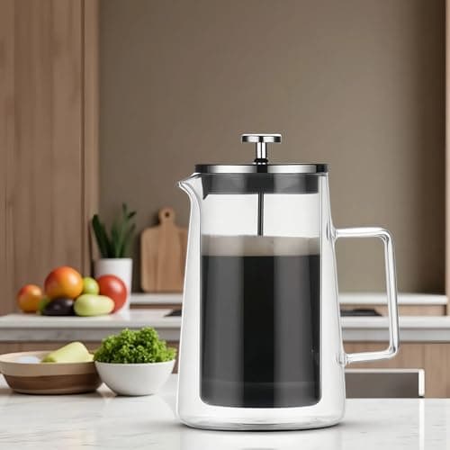 PanSukided French Press Coffee Maker 34Oz (1 Liter), DoubleWall Insulated Borosilicate Glass, Heat-Resistant Design, Stainless Steel Filter for Coffee, Tea & Cold Brew 3