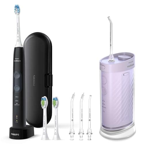 Philips Sonicare Compact Flosser 1000, Purple, ProtectiveClean 5300 Rechargeable Electric Toothbrush and 2PK Compact Nozzle Bundle