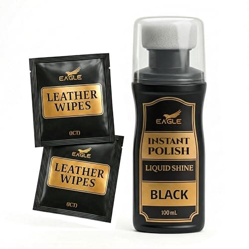Eagle Black Liquid Shoe Polish for Shoes & Boots - Instant Shine Leather Polish with Built-In Sponge Applicator & 2 Cleaning Wipes | Cleans, Conditions & Restores Shine in Seconds