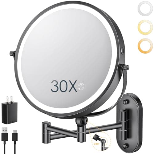 ZLOKLA 9" Wall Mounted Lighted Makeup Mirror,4000mAh Rechargeable Double Sided 1X/30X Magnifying Mirror with Light,Touch Dimmable,Extended Arm 360 Rotation Wall Mounted Makeup Mirror 3 Color Lights