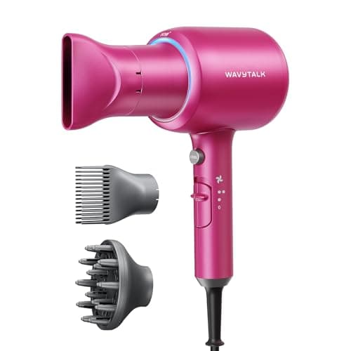 Wavytalk Hair Dryer with Diffuser, Blown Away Ionic Hair Dryer for Curly Hair, 1875W Fast Drying Blow Dryer with Ceramic Technology, 3 Attachments for All Hair Types, Light and Quiet, Hot Pink