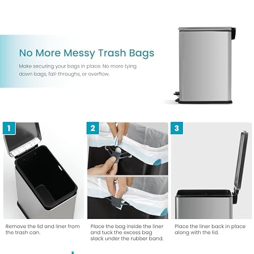 Home Zone Living 4 Gallon Slim Kitchen Trash Can with Soft Close Lid and Step Pedal, Stainless Steel Wastebasket with Removable Liner, Silver 6