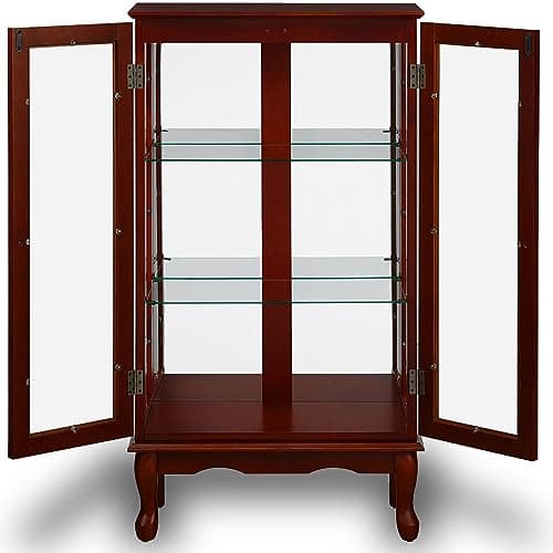 Anwick China Cabinet &Curio Cabinets with Glass Doors, Lighted Display Cabinet with Mirrored Back Panel, Tempered Glass and 3 Tiers Adjustable Shelves (Cherry) 5