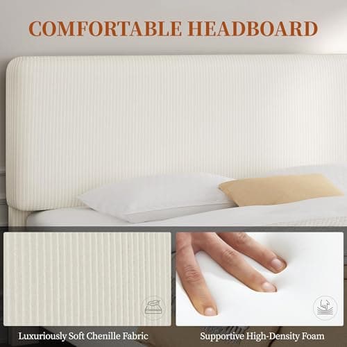 Yaheetech Full Size Bed Frame with Adjustable Headboard, Chenille Fabric Upholstered Headboard/Platform Bed, Full Bed Frame No Box Spring Needed/Wood Slats Support/Easy Assembly/Beige 5