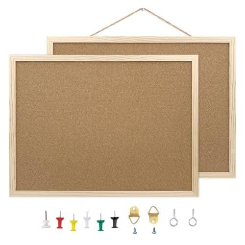 2 Pack Cork Board Bulletin Board, 15.7"X 11.81" inches with Oak Wood Finish Frame, for Wall Office Home and School (Pins, Eye Bolts, gaskets, Screws)