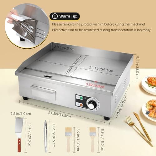 Dyna-Living Commercial Electric Griddle 22'' Flat Top Grill Countertop 3000W Stainless Steel Electric Griddle Nonstick Commercial Flat Top Griddle Countertop Grills, 122°F-572°F Temp Adjustable 5