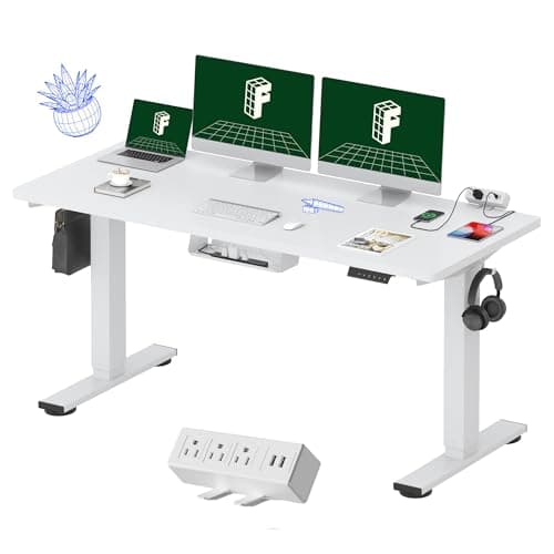 FLEXISPOT EN2 Whole-Piece Standing Desk with Clamp Power Strip, 60 x 24 Electric Stand Up Height Adjustable Desk with Cable Management (White Frame + 60" White Desktop, 2 Packages)