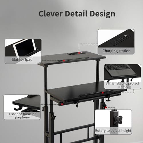 Hadulcet Mobile Standing Desk with Charging Station, Adjustable Standing Computer Desk, Standing Adjustable Laptop Cart with Wheels for Home Office Classroom Black 9