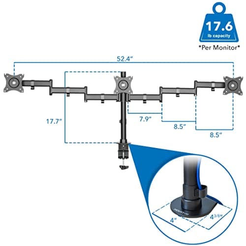 Mount-It! Triple Monitor Mount 3 Screen Desk Stand for LCD Computer Monitors for 19 20 22 23 24 27 Inch Monitors VESA 75 and 100 Compatible Full Motion, 54 lbs Capacity (MI-1753),Black 6