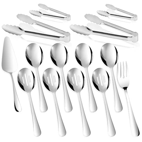 14PCS Serving Utensils - Hostess Serving Utensils Set, Premium Stainless Steel 8.7 inch Serving Utensils, Slotted Spoons, Fork, Tongs, Cake Pie Server for Buffet, Wedding, Dinner (Silver)